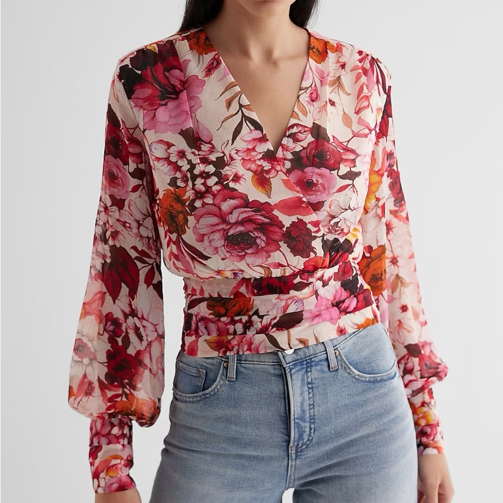 Floral V-Neck Long Sleeve Faux Wrap Pleated Waist Top